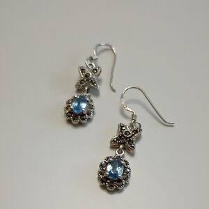 925 Blue Topaz Vintage Earrings 1" Dangle Marcasite Sterling Silver Jewelry